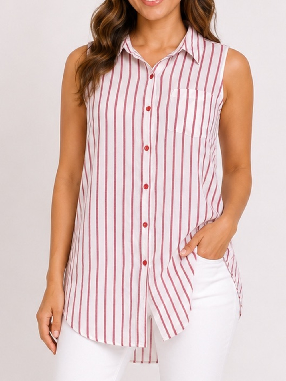 Kori America Red & White Striped Sleeveless Button Front Tunic Top Size Large